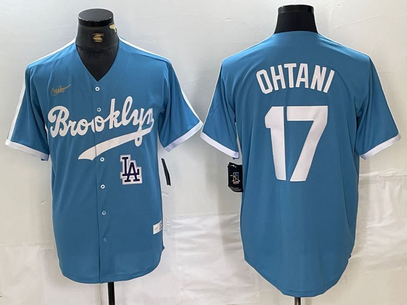 Men Los Angeles Dodgers #17 Ohtani Light blue Throwback 2024 Nike MLB Jersey style 2->->MLB Jersey
